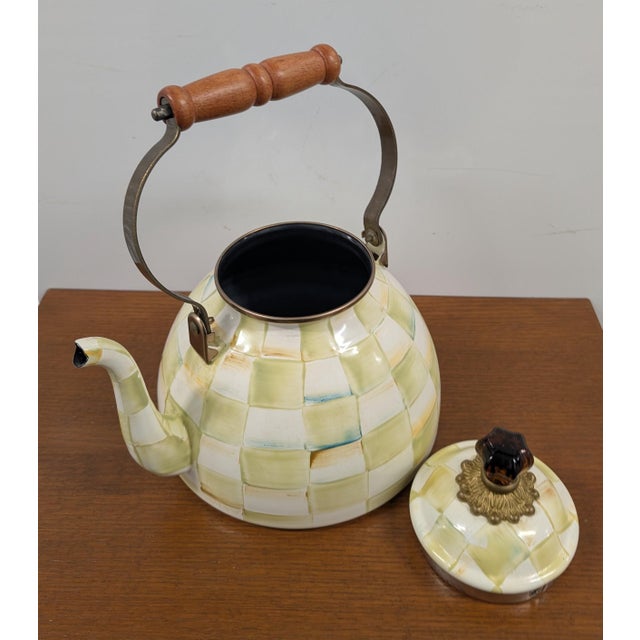 Elevate your kitchen aesthetic with this stunning MacKenzie-Childs Parchment Check tea kettle, featuring the iconic hand-...