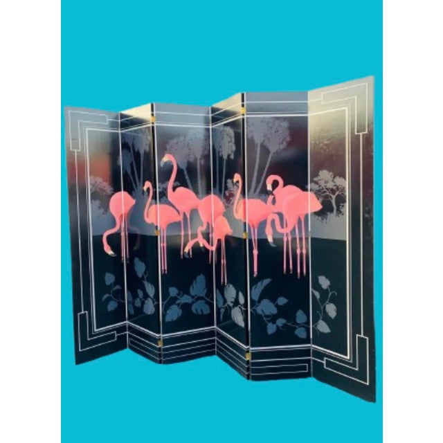 Wood 1980s Key West Art Room Divider Hand-Painted 6 Panels Depicting Flamingos by Sal Salinero For Sale - Image 7 of 11