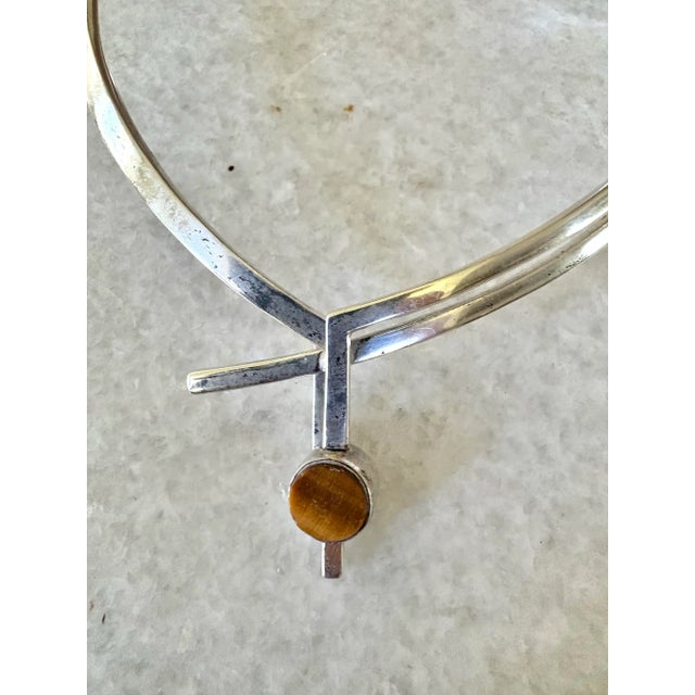 Mid-Century Modern Vintage Mid-Century Antonio Pineda Sigi Taxco Sterling Silver, Tiger's Eye, and Onyx Sculputural Necklace With Artist Markings For Sale - Image 3 of 8