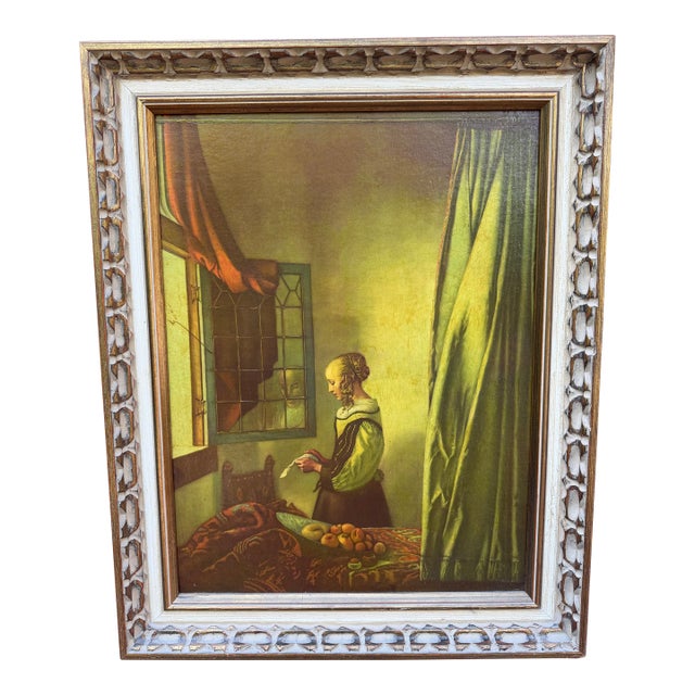1960s Vintage Framed Reproduction on Board of Johannesburg Vermeer’s Painting of “A Girl Reading a Letter by an Open Window”. For Sale