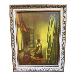 1960s Vintage Framed Reproduction on Board of Johannesburg Vermeer’s Painting of “A Girl Reading a Letter by an Open Window”.