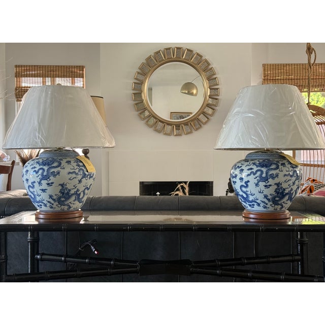 Ralph Lauren Ralph Lauren Blue and White Dragon Porcelain New Table Lamps - Pair For Sale - Image 4 of 10