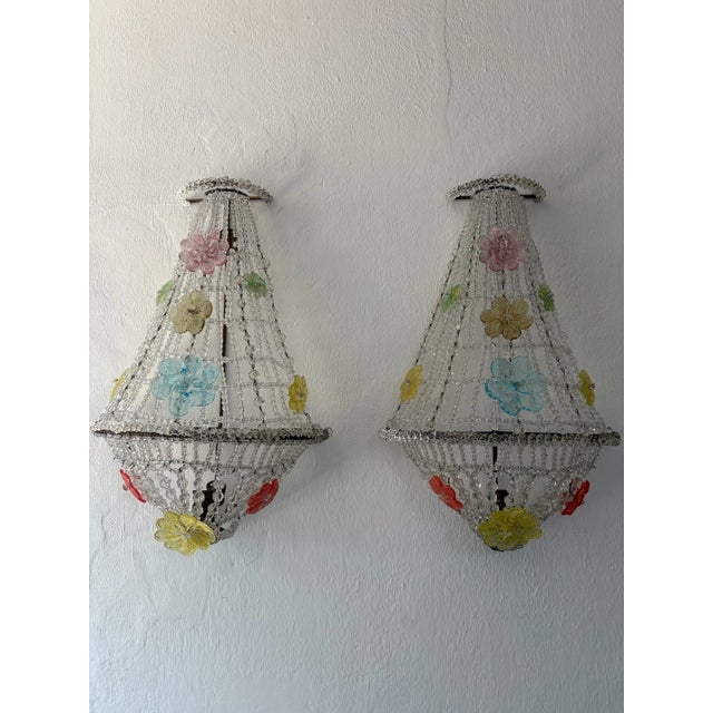 Huge Beaded Colorful Murano Flowers Sconces, Circa 1940 Italian One of a Kind - a Pair For Sale - Image 10 of 14