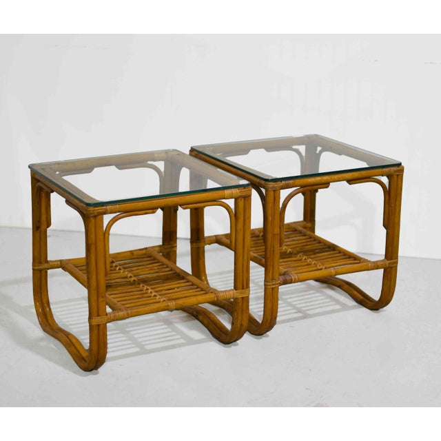 Traditional Vintage Palm Beach 2 Strand Rattan Bamboo Side Tables Style of Franco Albini - Set of 2 For Sale - Image 3 of 10