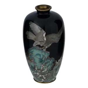 Antique Meiji Silver Wire Japanese Cloisonne Vase With Eagle and Dragon Over Waves