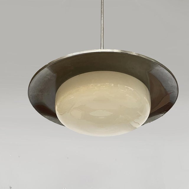 1930s Italian Art Deco Round Pendant in Opaline Glass and Metal, 1930s For Sale - Image 5 of 17