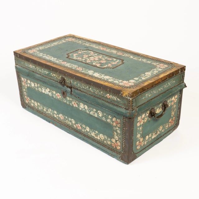 Blue Early 19th Century Chinese Decorated Blue Leather Covered Wood Trunk For Sale - Image 8 of 8