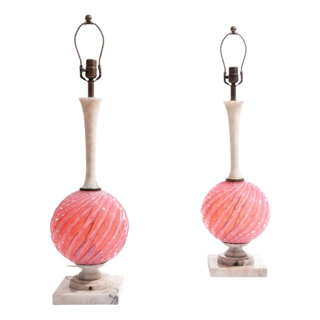 Murano Glass & Alabaster Table Lamps attributed to Archimede Seguso, 1960s, Set of 2 For Sale