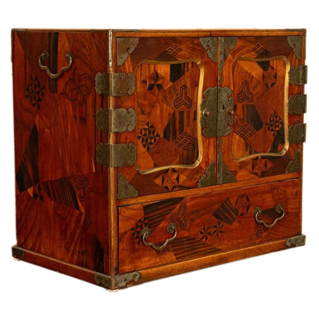 Japanese Antique Japanese Meiji Kodansu Tansu Marquetry Table Cabinet Jewelry Chest 1880 For Sale - Image 3 of 15