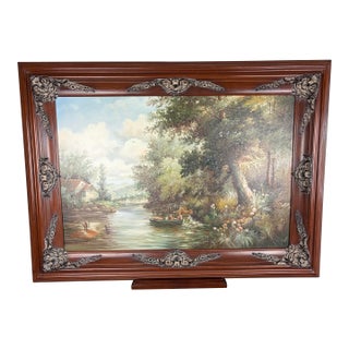 Large White Framed Vintage River Landscape Oil Painting, Ornate Carved Wood C Thomas Art For Sale