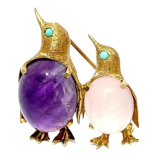 14k Yellow Gold Amethyst, Turquoise & Rose Quartz Studded Penguins Pin For Sale
