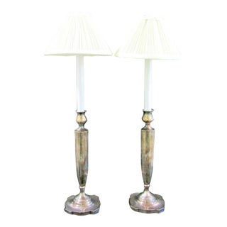 1930s Matched Pair of Sterling Silver Candlestick Table Lamps With Shades For Sale