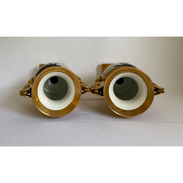 19th Century French Old Paris Gilt Porcelain Swan-Handle Urn Vases – Pair For Sale - Image 13 of 16