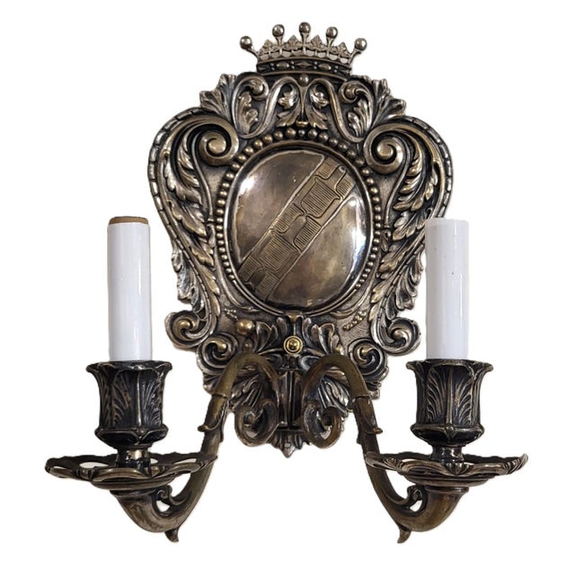 Pair Antique American Coat of Arms Crown Silver Plate Bronze Wall Sconces C&A For Sale - Image 13 of 17
