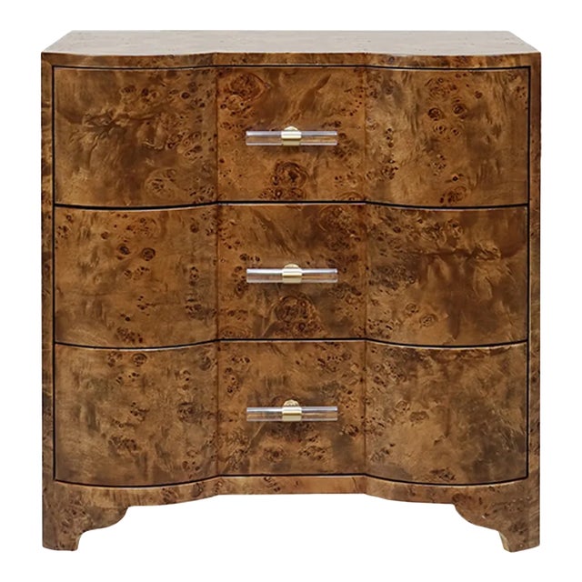 Matthew Izzo Home - Calvin Dark Burl Wood Three Drawer Side Table With Acrylic & Brass Hardware For Sale