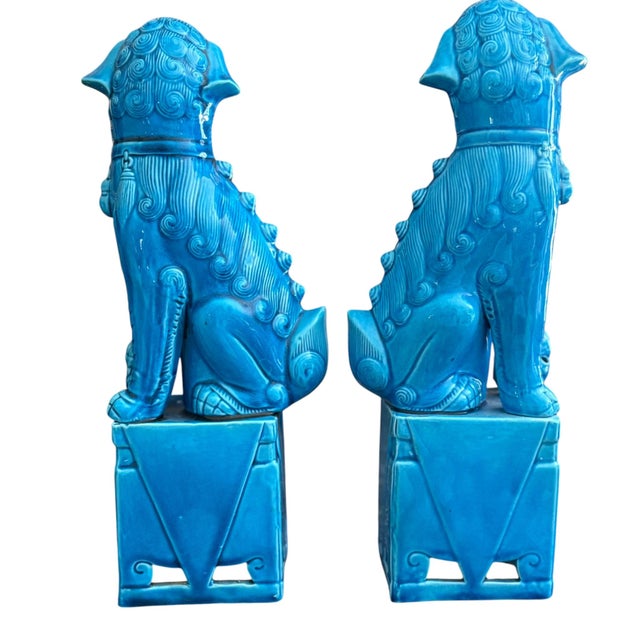 Turquoise Vintage Pair Turquoise Blue Chinese Foo Dogs Guardian Lions on Pedestals – 12” Tall For Sale - Image 8 of 10