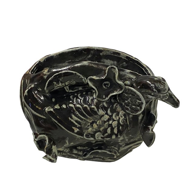 Dark Gray Clay Duck in Lotus Leaf Wall Hanging Vase Flower Pot For Sale - Image 4 of 10