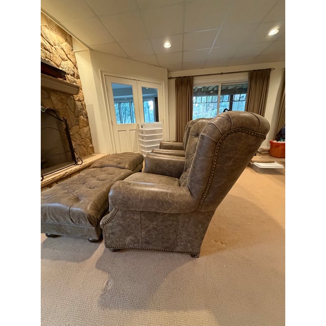 2000s Distressed Leather ‘Hemingway’ Wingback Chairs and Ottomans For Sale - Image 10 of 14