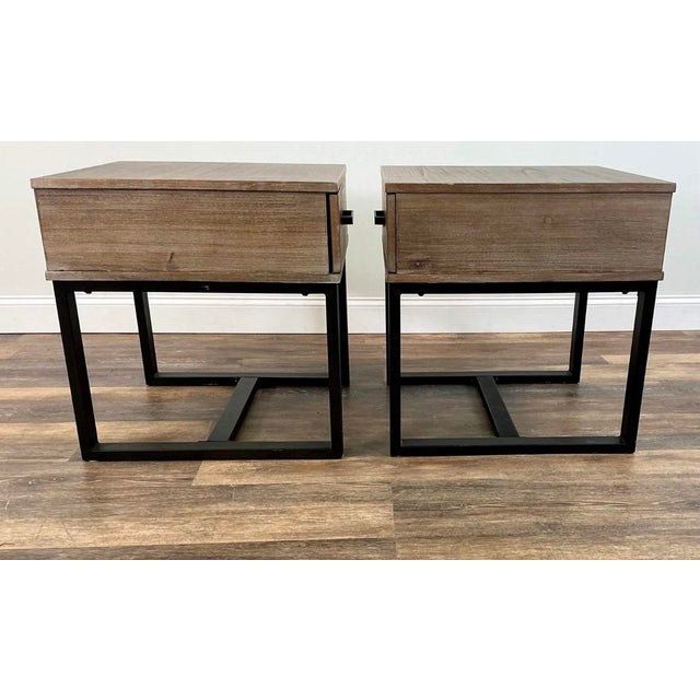 Lane Furniture Reclaimed Wood and Black Metal End Tables, Pair For Sale In New York - Image 6 of 10