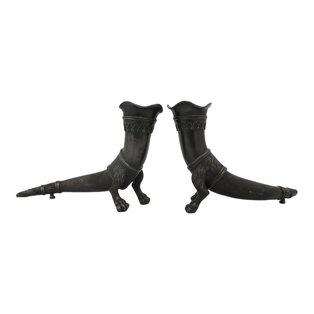 Decorative Bronze Lion Foot Drinking Horn Rhyton Vase Cornucopia Vessel Pair For Sale