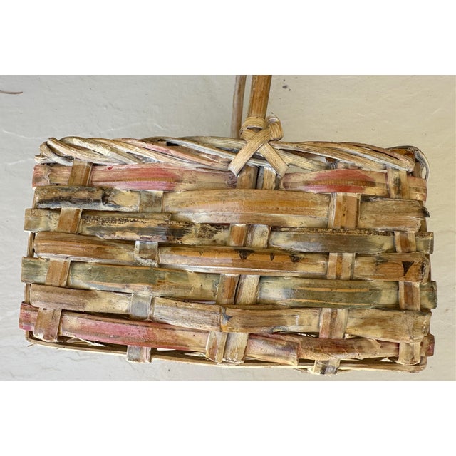 Vintage 1900s Natural Pink & White Wash Square Wicker Basket For Sale - Image 11 of 12
