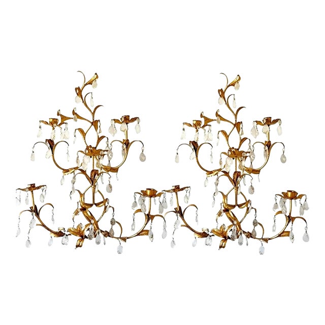 Pair of Large Vintage Rococo Italian Gilt Tole 5 Candle Sconces With Crystals For Sale