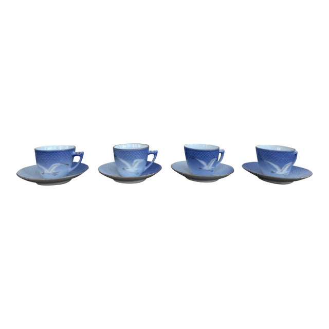 1970s Bing Grondalh B&g Seagull Tea Cups and Saucers Denmark Copenhagen, Eight Pieces For Sale