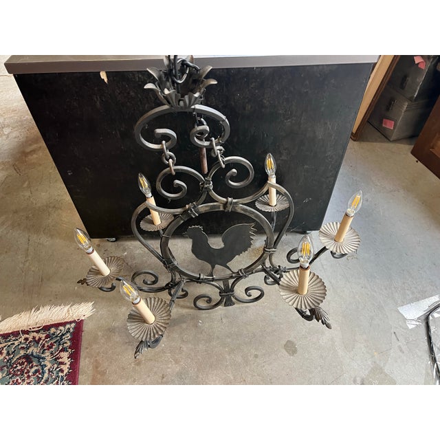 Vintage Black Metal Rustic Style Rooster Chandelier With Leaf Accents For Sale In Atlanta - Image 6 of 9