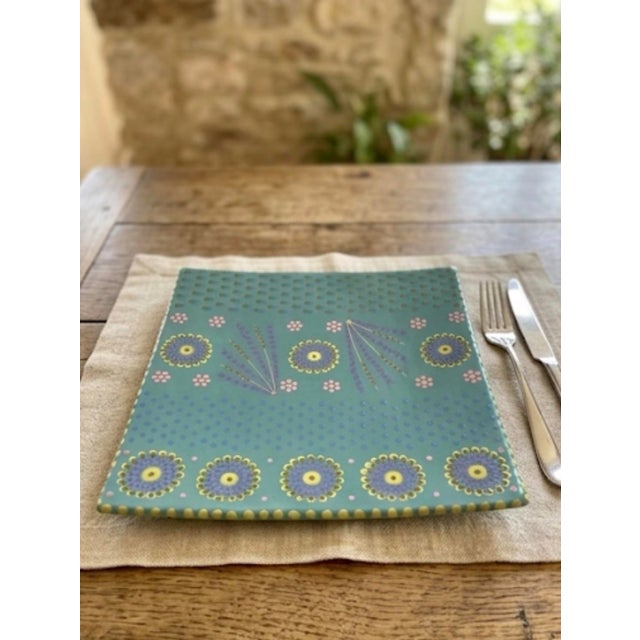 Large Handmade South African Ceramic Platter – Teal and Ochre Slip-Dot Floral Square Plate For Sale - Image 11 of 11