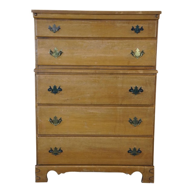 T.F.I. Mid Century American Colonial Style Maple Tallboy Dresser Chest of Drawers For Sale
