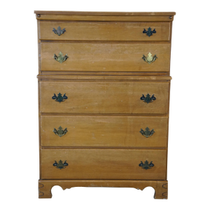 T.F.I. Mid Century American Colonial Style Maple Tallboy Dresser Chest of Drawers