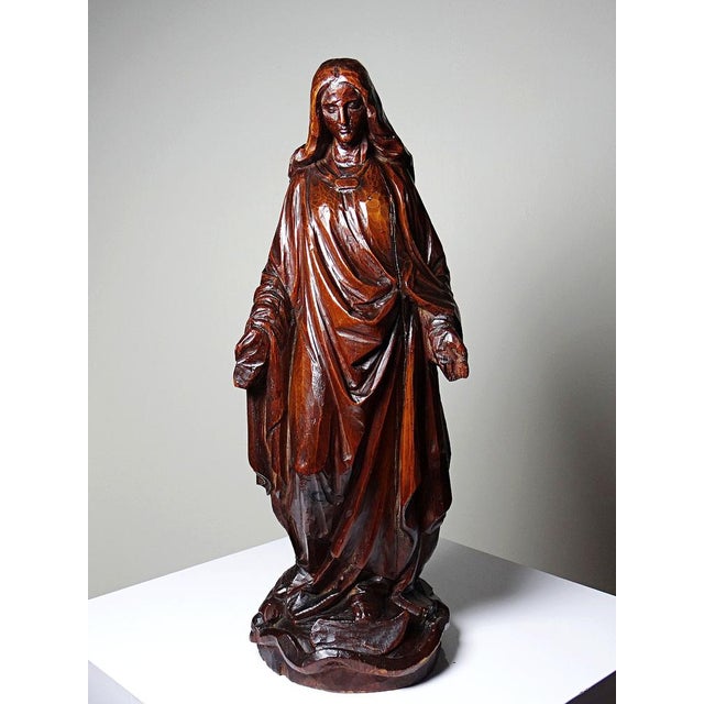Vintage Religious Sculpture of the Virgin Mary in Carved Wood, 1920s For Sale - Image 3 of 16