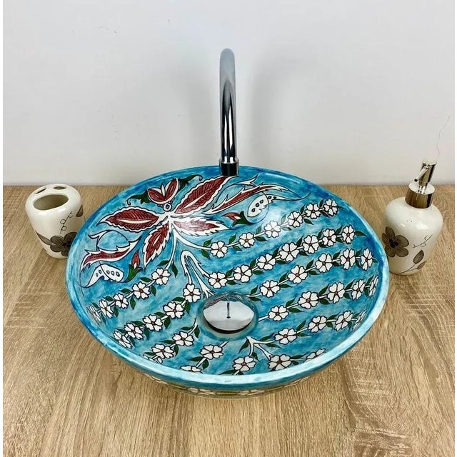 2020s Moroccan Artistic Sink for Bathroom, Handpainted Blue Ceramic For Sale - Image 5 of 7