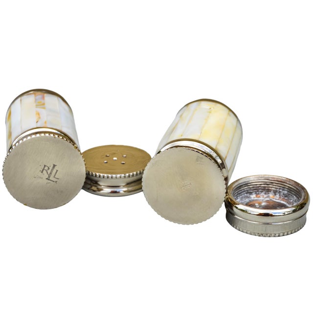 Silver Mid 20th Century Handmade Mother-of-Pearl Inlaid Ralph Lauren Salt & Pepper Shakers- Set of 2 For Sale - Image 8 of 8