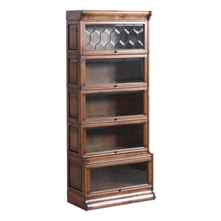 Mission Style Oak Barrister Bookcase 5 Stack-Leaded Glass in Walnut Stain For Sale