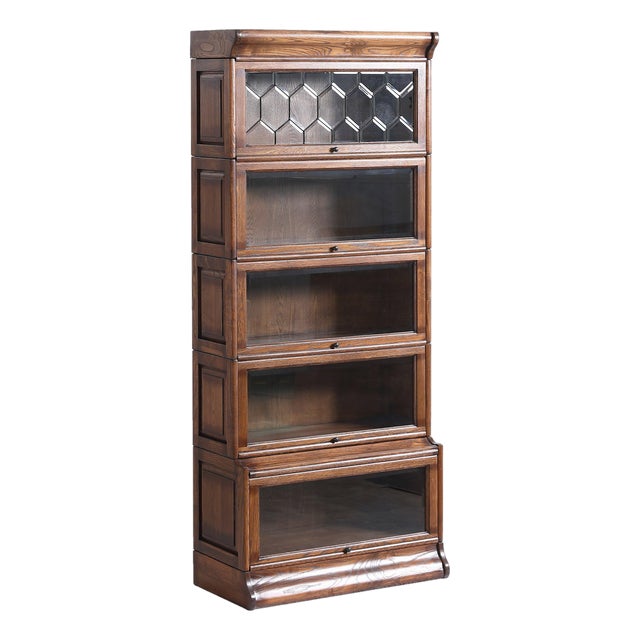 Mission Style Oak Barrister Bookcase 5 Stack-Leaded Glass in Walnut Stain For Sale