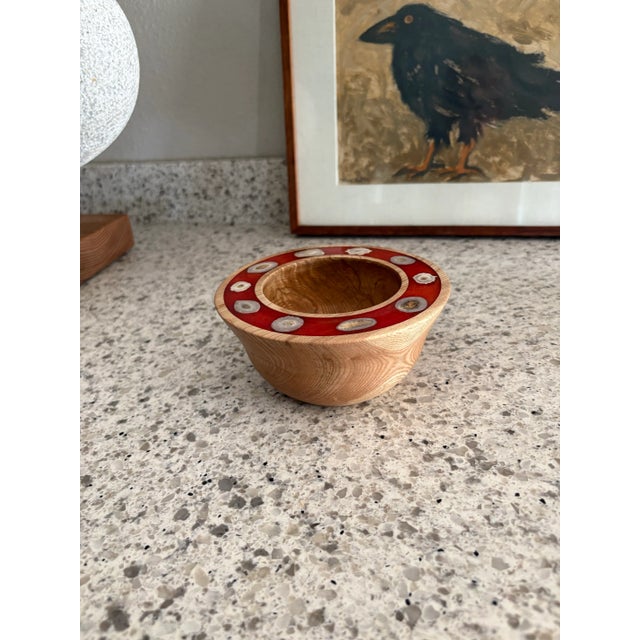 Wood Bowl Hand Carved One-of-a-Kind Trimmed With Antler Horn Slices For Sale - Image 9 of 11