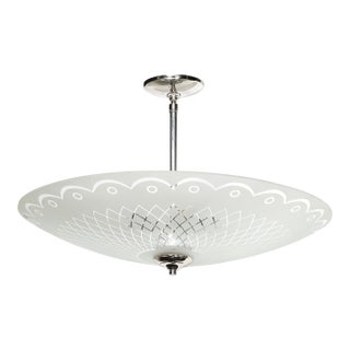 Mid-Century Frosted Glass Chandelier With Geometric Motif & Chrome Fittings For Sale