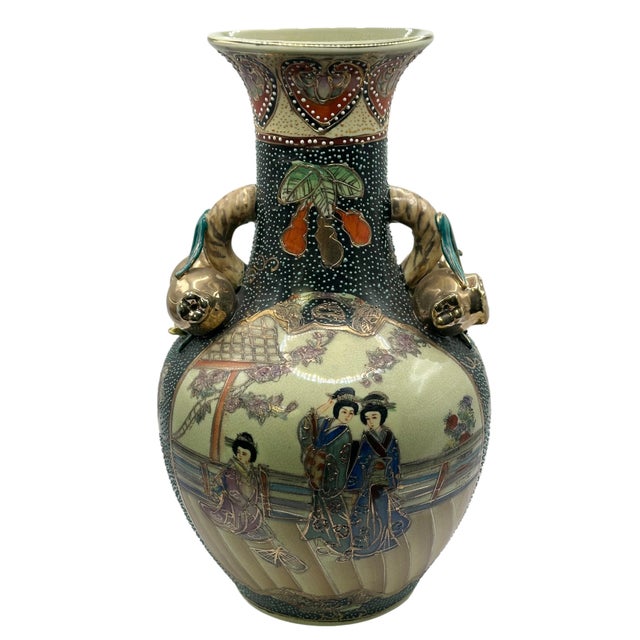 Vintage Royal Satsuma Japanese Earthenware Vase For Sale - Image 4 of 12