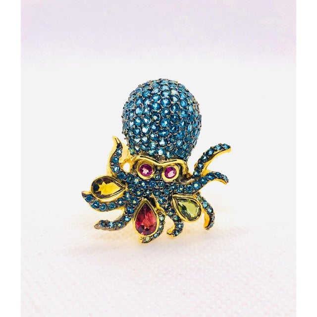 Gemstone Bochic "Orient" Vintage Natural Blue Topaz & Tourmaline Ring Set 18K & Silver For Sale - Image 7 of 18