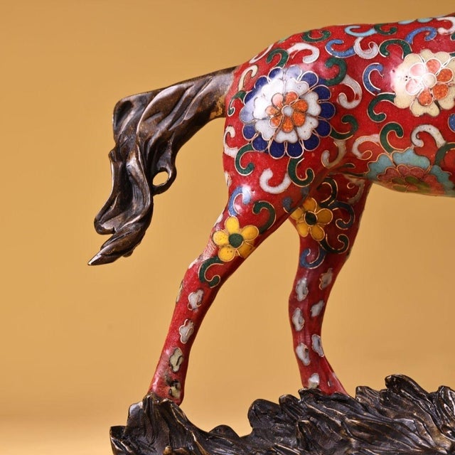 Red Gilt Bronze Cloisonné Enamel Horse Figure on Rockwork Base For Sale - Image 8 of 10