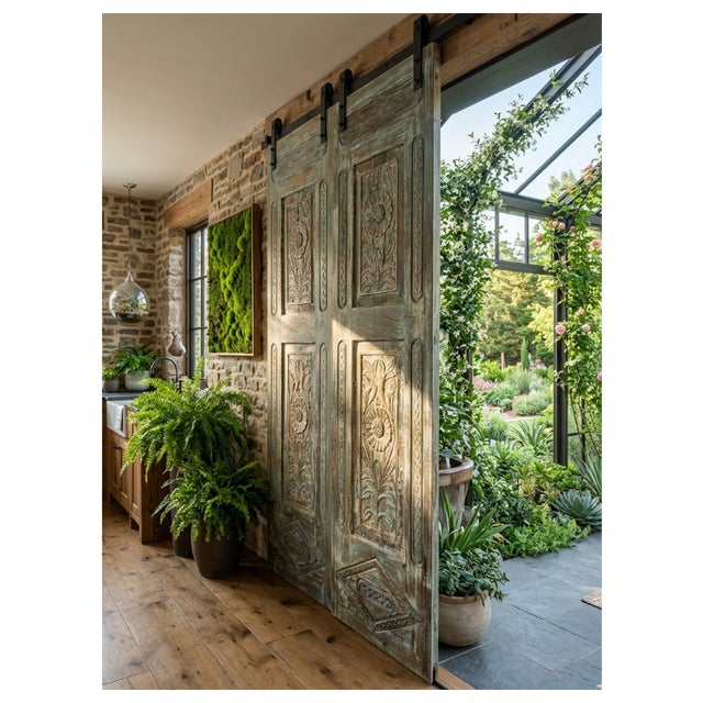 Antique Carved Wooden Door Panel | Distressed Blue Floral Rustic Barn Door 96x27 For Sale - Image 4 of 6
