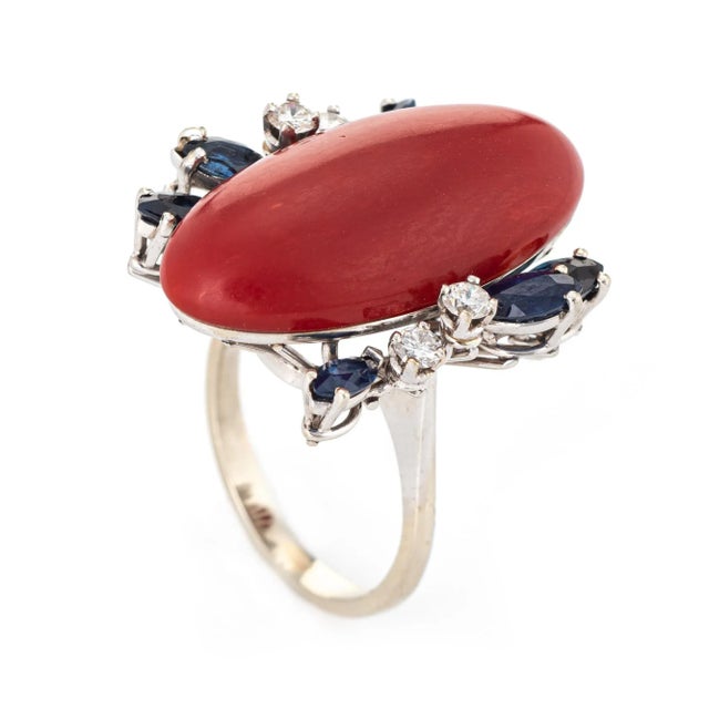 Stylish vintage Sardinian red coral, sapphire & diamond cocktail ring (circa 1950s to 1960s) crafted in 18 karat white...