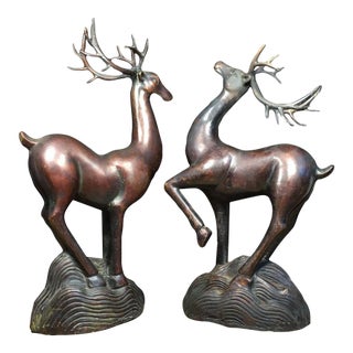 Solid Copper Pair of Lucky Wealth Deer (Zhaocai Lu) - Heavy Bronze Deer Figurines With Antlers For Sale