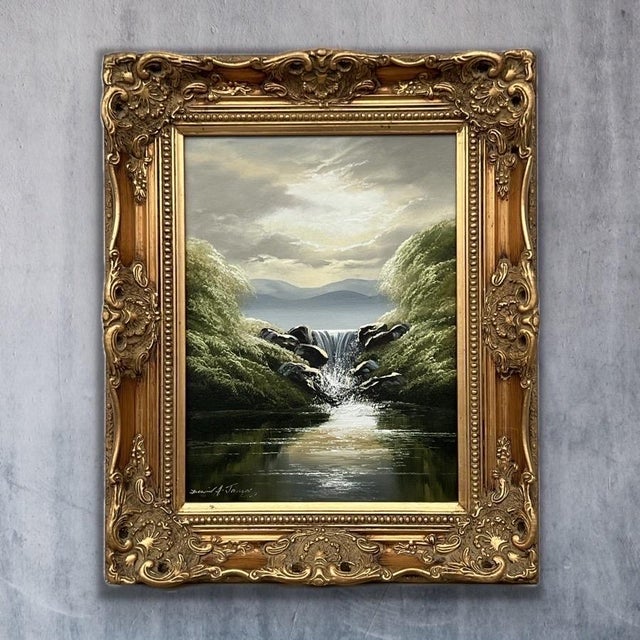 Whispers of the Falls - River Lake Waterfall with Lush Trees by British Artist 1976 For Sale - Image 9 of 14