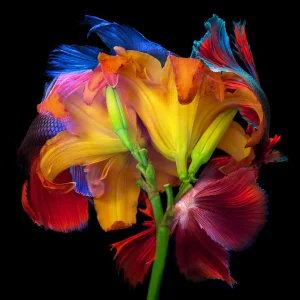 "Kaleidoscope 17" Contemporary Betta Fish and Botanical Still Life Color Photograph