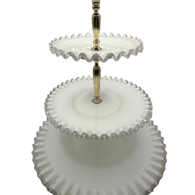 Vintage Fenton Milk Glass Tidbit Server With Silver Crest Rim and Metal Handle For Sale - Image 11 of 12