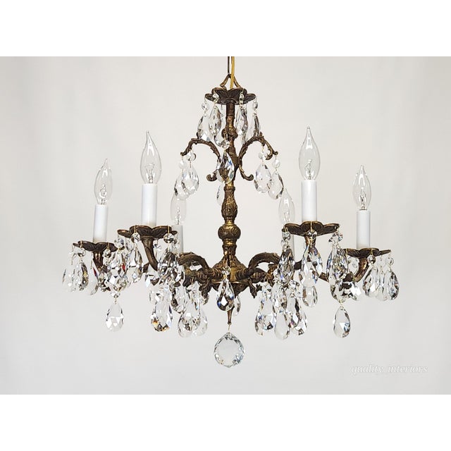 Vintage 6 Arm 6 Light Dark Patina Swanky Brass Cut Lead Glass Crystal Chandelier For Sale In South Bend - Image 6 of 12