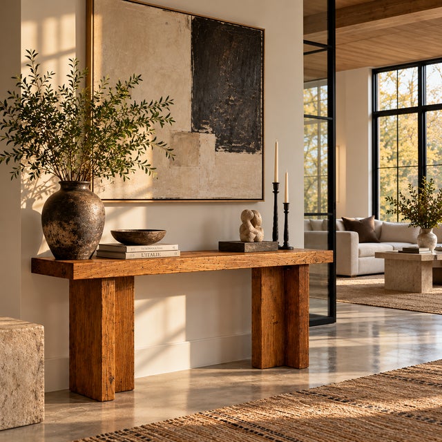 Belgian Style 1970s Reclaimed Wood Console Table With Brass Butterfly Key Inlays For Sale - Image 9 of 9