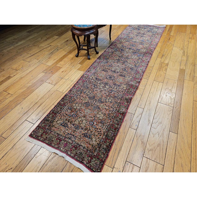 Textile 19th Century Persian Kerman Lavar Runner Rug, Hand-Knotted Wool, Allover Floral Design, Rust-Red & Green, 3x12 For Sale - Image 7 of 16